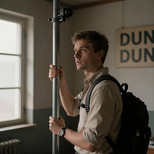 Man in Dim Room with Metal Pole