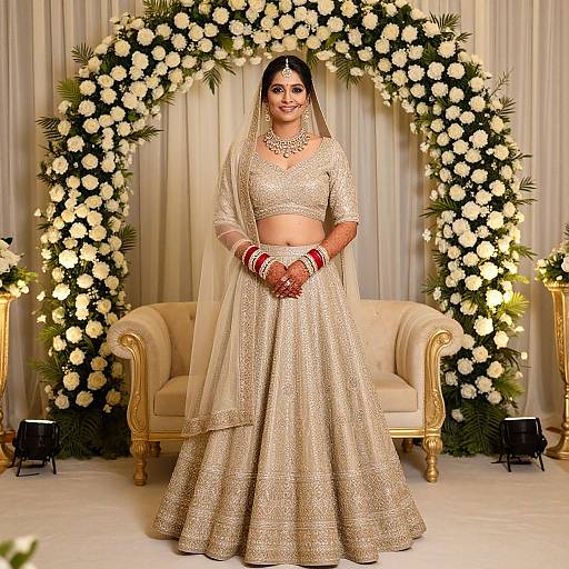 Photograph of a beautiful Indian bride in a gold embroidered lehenga and choli, standing in front of a floral arch, smiling confidently, with red