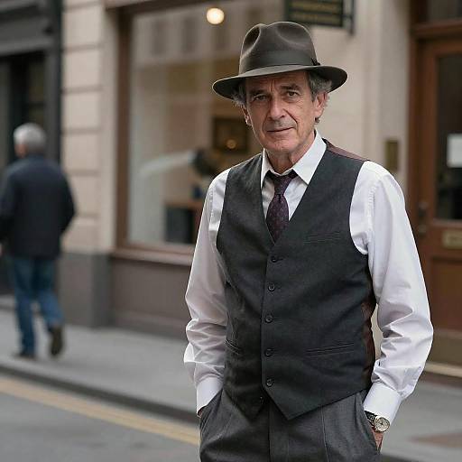 Mature Man in Hat and Vest Standing on Street