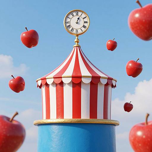 Photograph of a whimsical blue-and-red striped circus tent top with a gold clock, set against a bright blue sky, surrounded by floating red apples