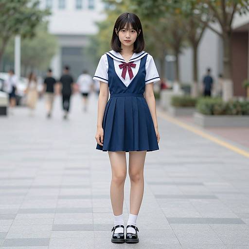 Photograph of an Asian teenage girl in a navy blue Japanese school uniform with white sailor collar, red bow, black shoes, and white socks, standing