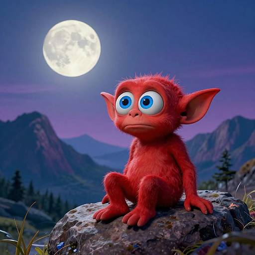 CGI image of a red, furry, big-eyed goblin with large ears, sitting on a rock under a full moon in a mountainous forest