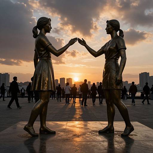 Metallic Statues Facing Cityscape Sunset