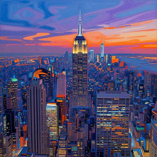 Digital painting of New York City at sunset, featuring vibrant blue and orange sky, illuminated skyscrapers, including the Empire State Building, with colorful city