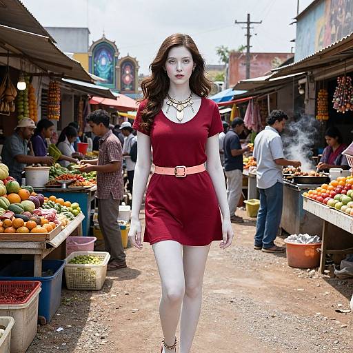 Photograph of a confident Asian woman with long brown hair, wearing a red dress with a pink belt, walking through a bustling outdoor market with colorful fruits