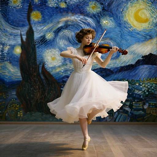 Violinist Dancing in White Dress with Starry Night Background