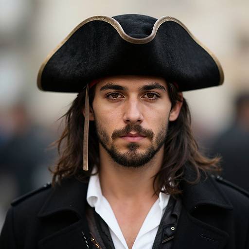 Photograph of a man with dark brown hair, beard, and mustache, wearing a black tricorn hat and black coat with white shirt, against