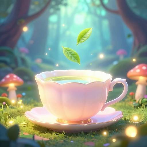 Digital fantasy art: glowing pink teacup with rising green leaves in enchanted forest, surrounded by fairy lights and red-capped mushrooms.