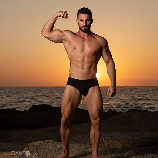 Photograph of a muscular, bearded man with short dark hair, flexing his right arm, wearing black briefs, standing on rocky shore at