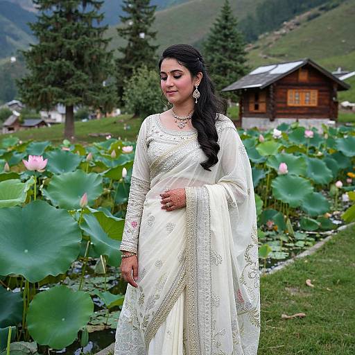 Photograph of a beautiful South Asian woman in a white, embroidered traditional saree, standing in a lotus pond garden with mountains and wooden cabins in