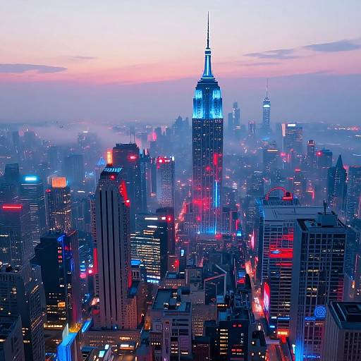 Photograph of New York City skyline at sunset, featuring the Empire State Building illuminated with blue lights, surrounded by colorful neon lights from various skyscrapers