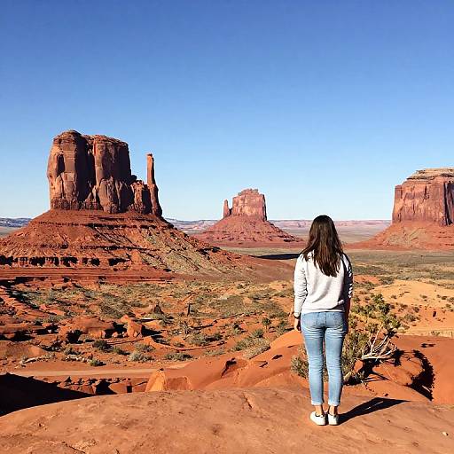 Photograph of a woman with long black hair, white hoodie, and blue jeans, standing on red desert rock, facing iconic Arizona desert landscape with large