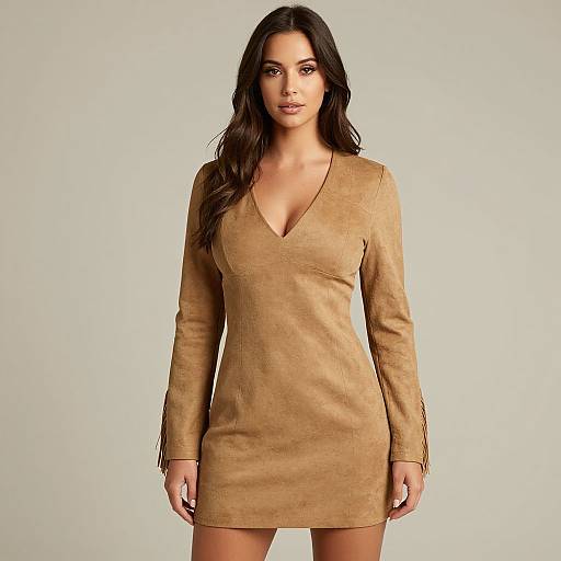 Photograph of a brunette woman with long wavy hair, wearing a tan, long-sleeve, V-neck suede mini dress, standing against a
