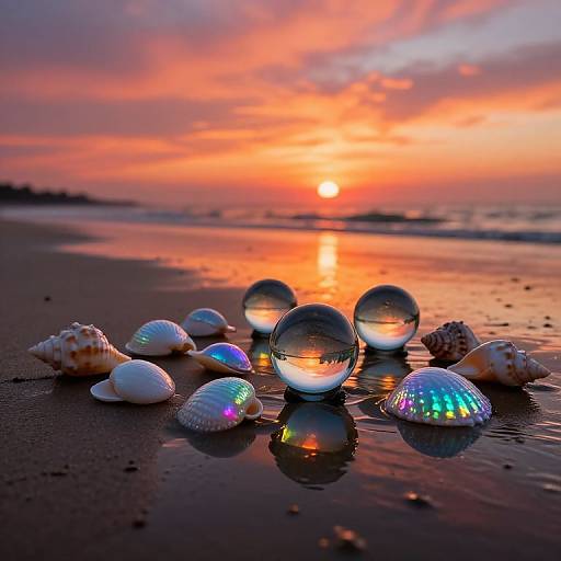 Sunset Beach with Luminous Shells and Spheres