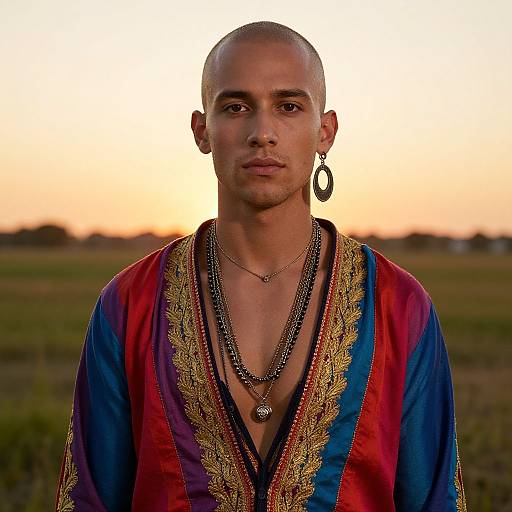 Vibrant Portrait of Bald Man at Sunset