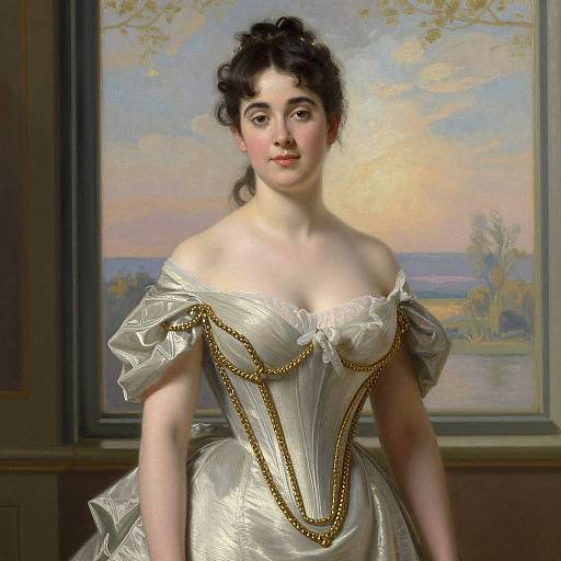 Photorealistic painting of a young woman with pale skin, dark hair in an updo, wearing an off-shoulder, white, gold-