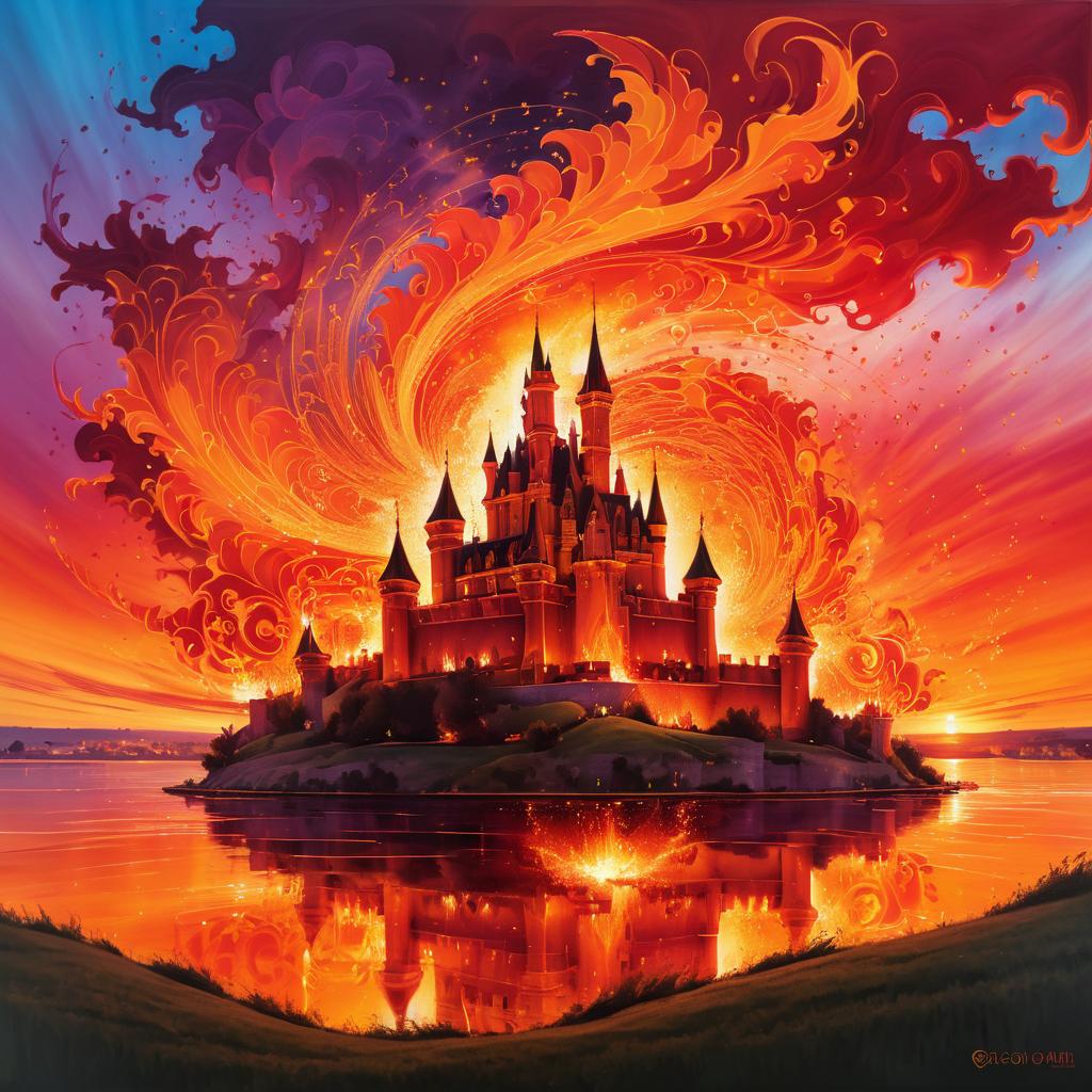 Enchanting Fire Painting of Burning Castle