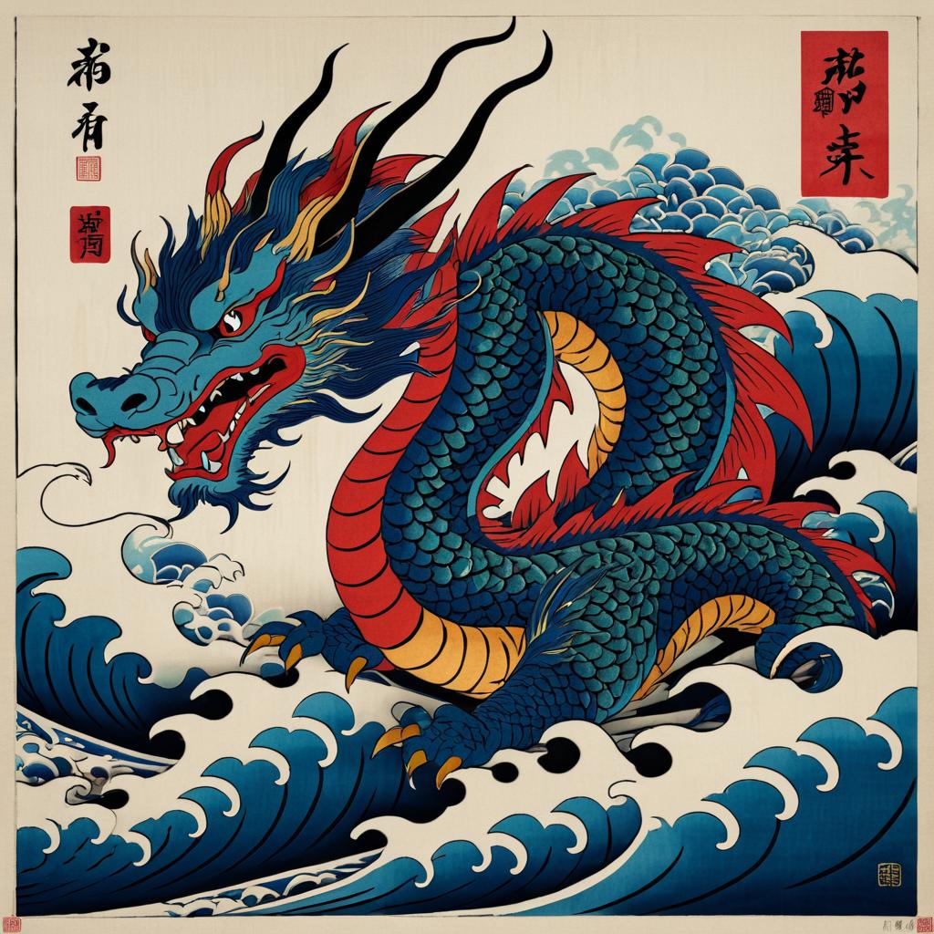 Intricate Ukiyo-e Dragon Print in Yoshitoshi Style