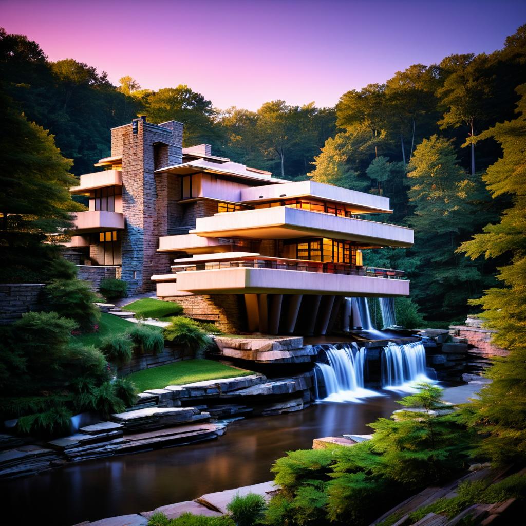 Fallingwater at Dusk with Illuminated Terraces