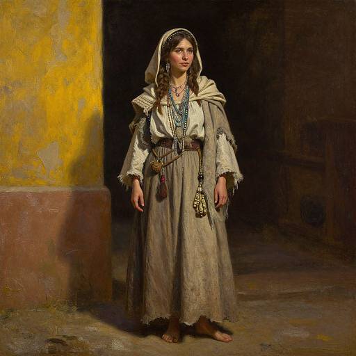 Photograph-style painting of a young woman in traditional Middle Eastern attire, including a beige hooded robe, layered necklaces, and bare feet, standing