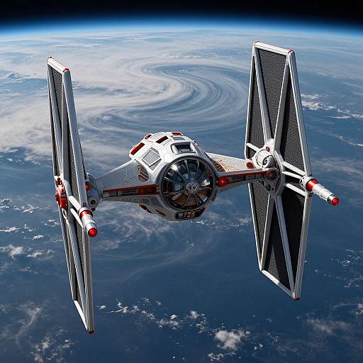 Photograph of the Millennium Falcon spaceship from Star Wars, flying above Earth with swirling clouds and blue atmosphere in the background.