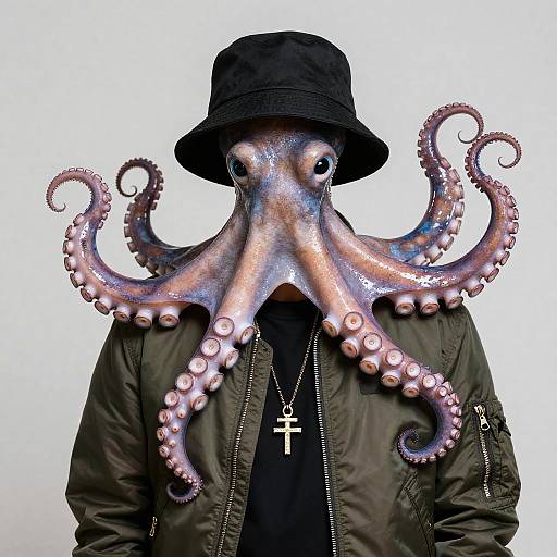 Anthropomorphic Octopus Rapper with Bucket Hat