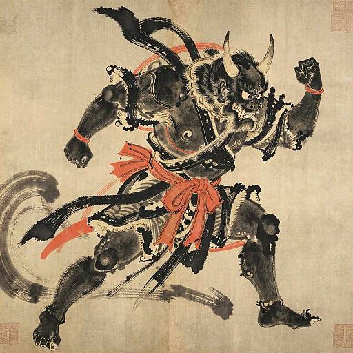 Traditional Japanese ink drawing of an intense, muscular oni warrior with black armor, red sash, and fierce expression, in dynamic stance.