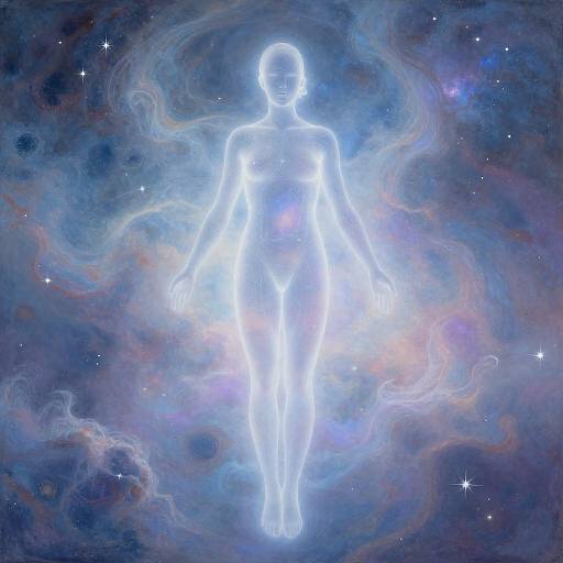 Digital artwork of a glowing, ethereal, nude human figure floating in a cosmic background with swirling blue, purple, and pink nebulae, surrounded