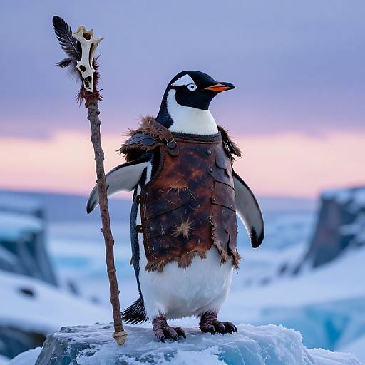 Photograph of a penguin in fur and leather armor, holding a feathered staff, standing on ice with a bluish, icy background.