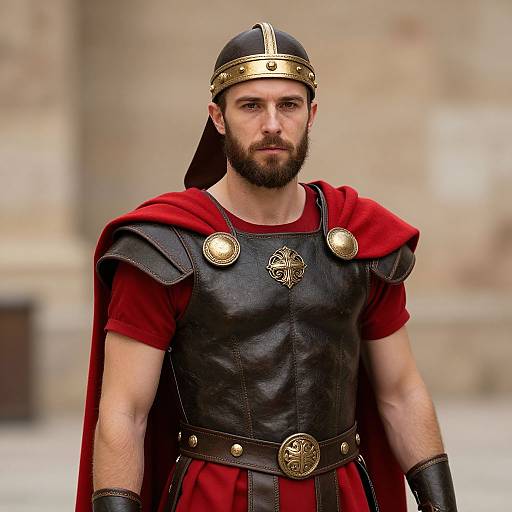 Photograph of a bearded man with a serious expression, wearing ancient Roman armor with a red cape, gold accents, and a helmet. Blurred