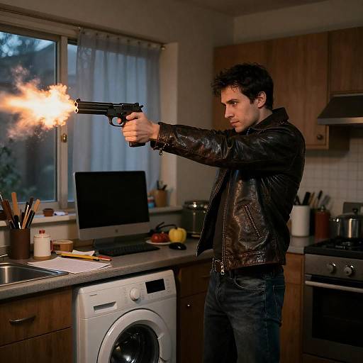 Man in Leather Jacket Firing Gun