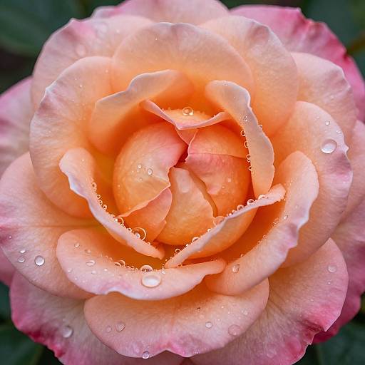 Close-up photograph of a peach-colored rose with pink edges, covered in dewdrops, showcasing intricate petal layers and vibrant color gradients.