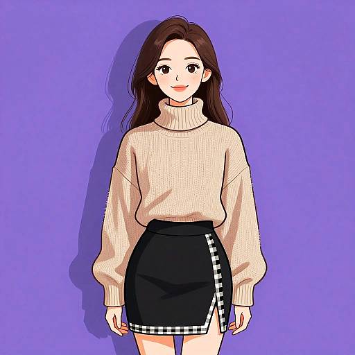 Anime-style digital drawing of a smiling young woman with long brown hair, wearing a beige turtleneck sweater and black skirt with white checkered trim,