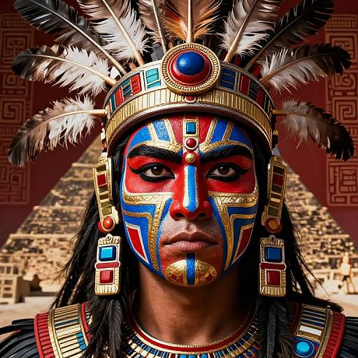 Photograph of an indigenous man with vividly painted face, feathered headdress, and elaborate jewelry, standing before ancient Egyptian pyramids.