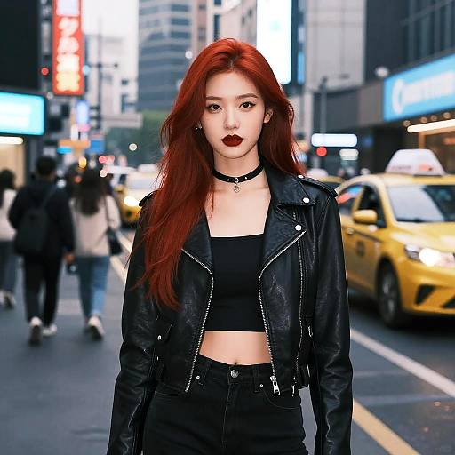 Confident Young Woman in Black Leather Jacket on Urban Street