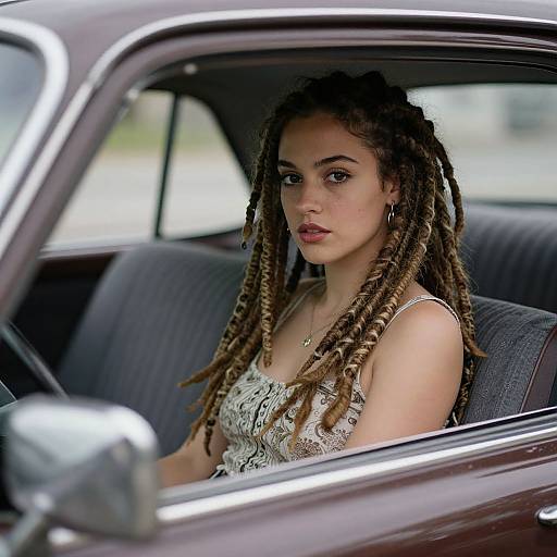 Photograph of a young woman with brown dreadlocks wearing a white lace dress, sitting in a vintage car's gray-striped seat, looking pensively outside