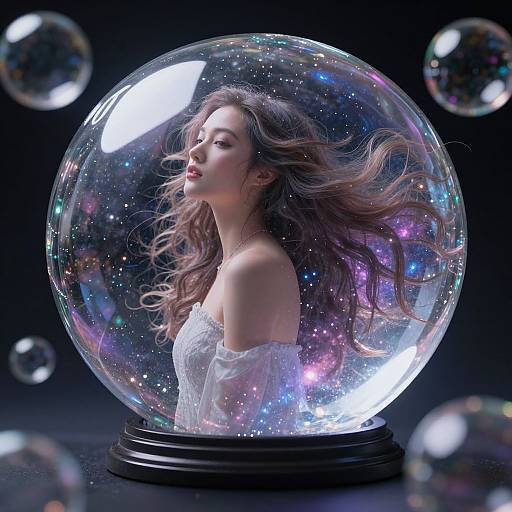 Photorealistic digital art of a beautiful woman with long, wavy brown hair, wearing a white lace off-shoulder dress, inside a magical