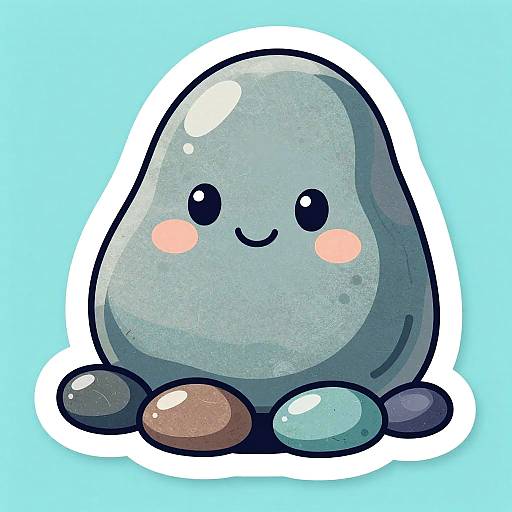 Cute digital drawing of a smiling, teardrop-shaped, blue creature with blush marks, sitting on four colored stones against a bright blue background.