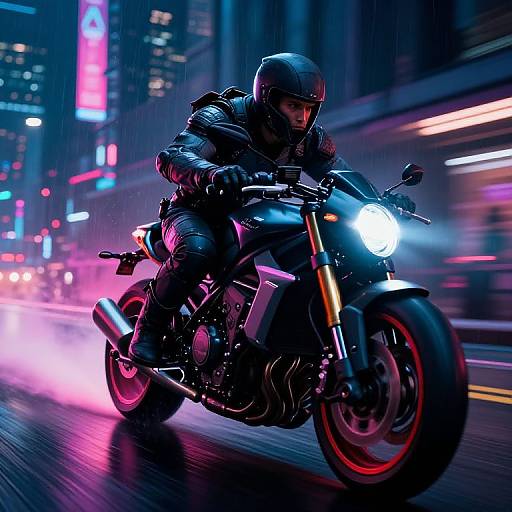 Photograph-style CGI of a black-clad motorcyclist in a neon-lit, urban night scene, riding a sleek, glowing motorcycle through a