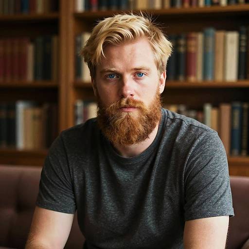 Blonde Bearded Man in Cozy Library