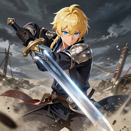 Digital anime-style illustration of a determined blonde warrior with blue eyes, holding a glowing sword, wearing dark armor, against a stormy, war-torn