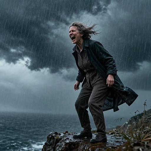 Photograph of a fierce woman with wet, wind-swept hair, shouting against a stormy, rain-filled sky, standing on a rocky cliff