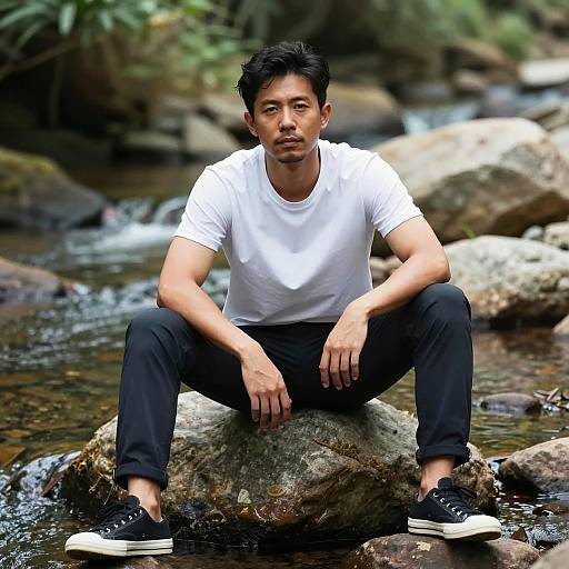 Photograph of a young Asian man with short black hair and mustache, wearing a white t-shirt, black pants, and black sneakers, sitting on