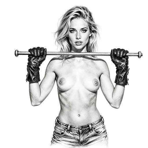 Black and white digital drawing of a topless, muscular woman with long hair, wearing gloves and jeans, holding a bar over her shoulders. She has