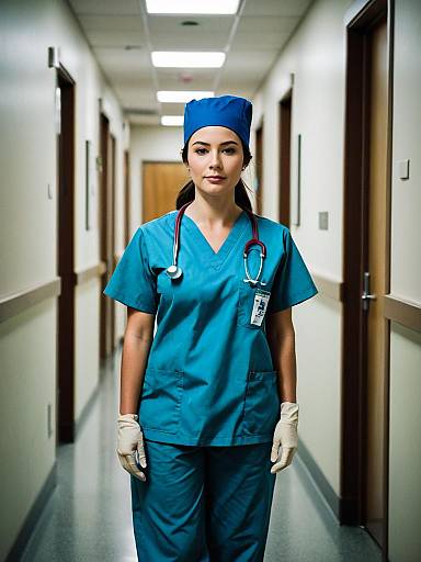 Woman in Scrubs and Blue Hat
