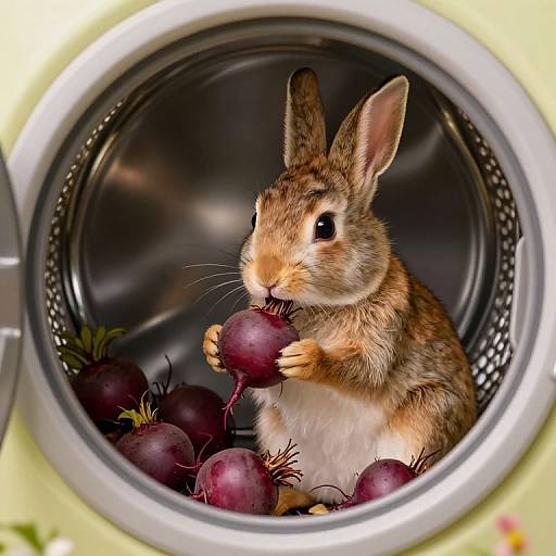 Photorealistic image of a brown and white rabbit eating a maroon beet in a silver washing machine, surrounded by more beets.
