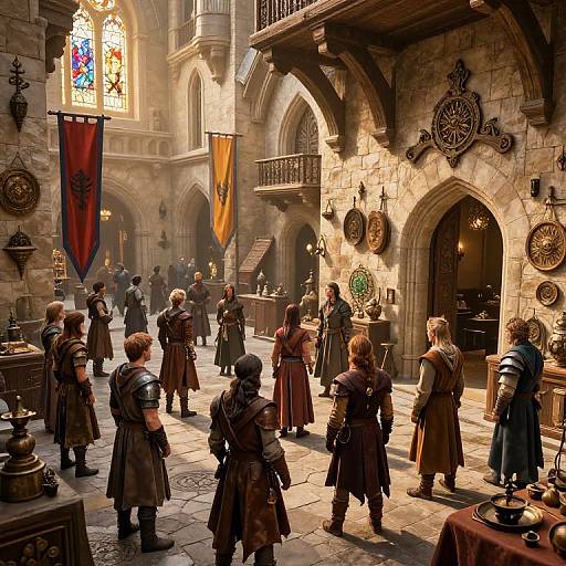 Photograph-style CGI of a medieval stone hall filled with armored, cloaked figures, stained glass windows, ornate wall decorations, and banners. Sun
