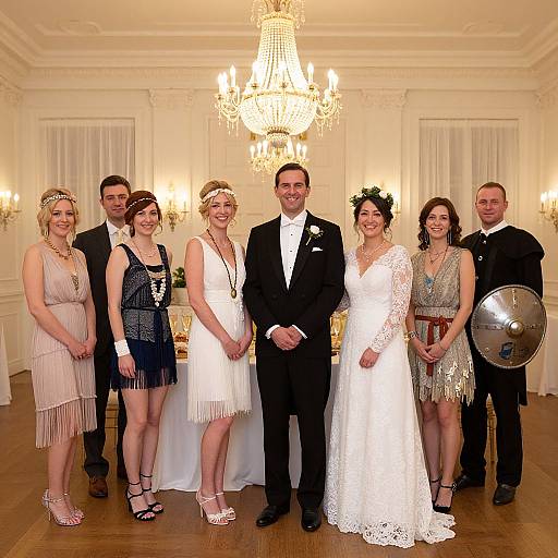Photograph of a wedding party: bride in white lace dress, groom in black suit, six bridesmaids in fringed dresses, one holding silver shield
