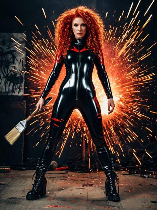 Fiery Performer in Leather Catsuit