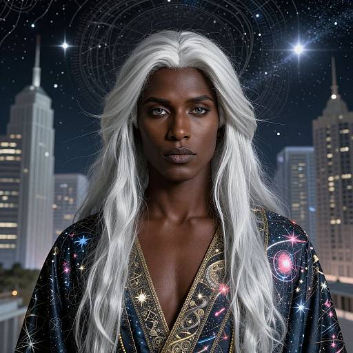 Photograph of a dark-skinned man with long white hair, wearing a star-patterned black robe, against a night cityscape background.